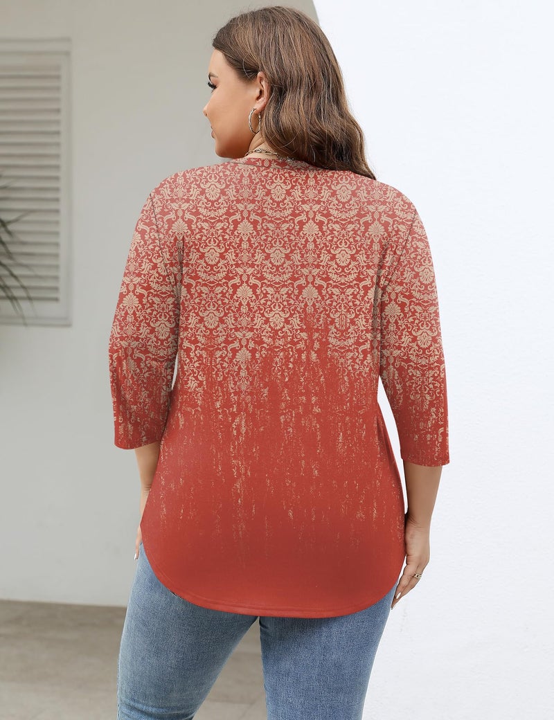 TFSDOD Womens Shirts Vneck Tshirts 3/4 Sleeve Blouses Plus Size Boho Tees Casual Summer 2026 Red Gradient 3XL - Image 3