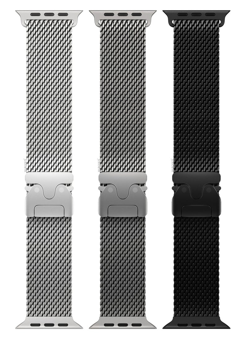 3Packs Milanese Loop for Apple Watch Band Ultra 2 Band Ultra 49mm 46mm 45mm 44mm, Parachute-Style Buckle Stainless Steel Mesh Metal Band for iWatch Series 10-1 SE - Black Silver Natural Titanium - Image 2