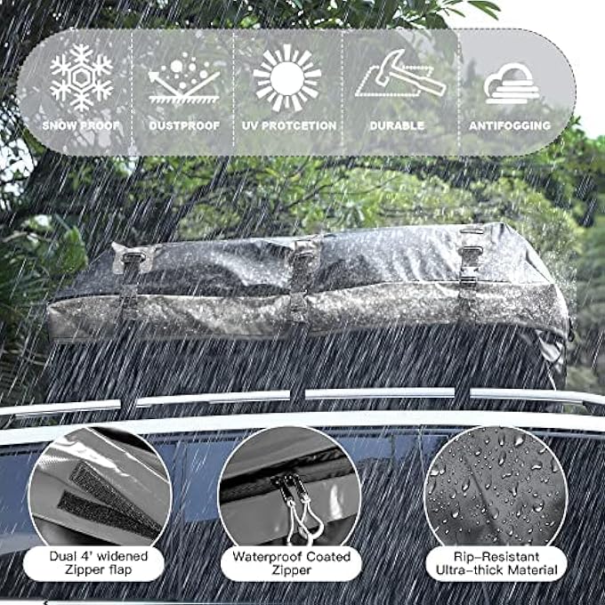 rayihni Car Roof Bag, 21 Cubic Feet Large Soft-Shell Waterproof Travel Cargo Carrier Luggage Box for All Vehicles SUV with/Without Rails, Includes 10 Reinforced Straps + 6 Door Hooks,Grey - Image 3