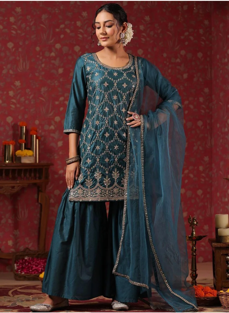 ISHIN Teal Kurta Set Straight Fit 3/4 Sleeve Sleeve made from Poly Silk featuring Self Design design and Round Neck neckline - Perfect for Ethinic!