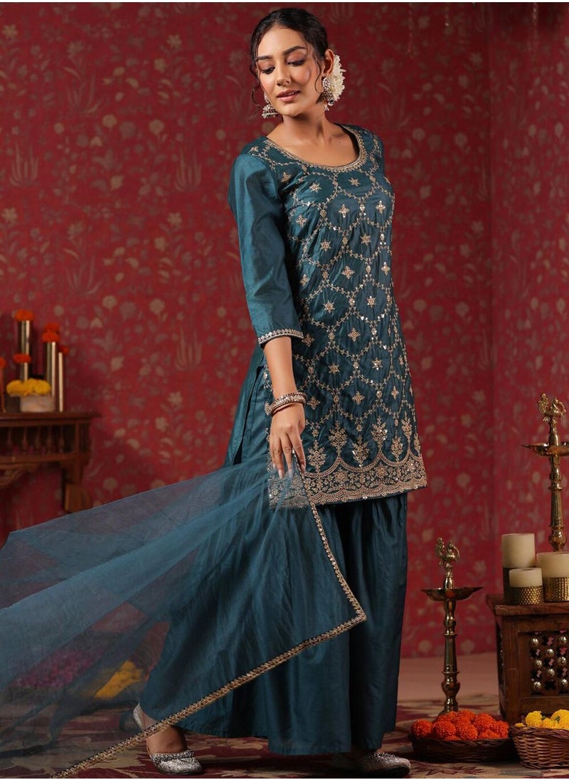 ISHIN Women's Teal Polyester Blend Self Design Full Length Palazzo Kurta Set  - Image 5