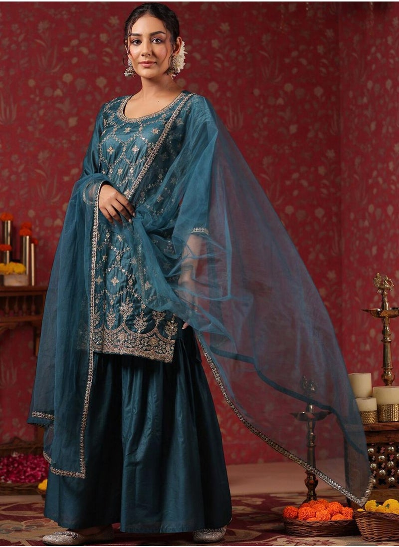 ISHIN Women's Teal Polyester Blend Self Design Full Length Palazzo Kurta Set  - Image 3