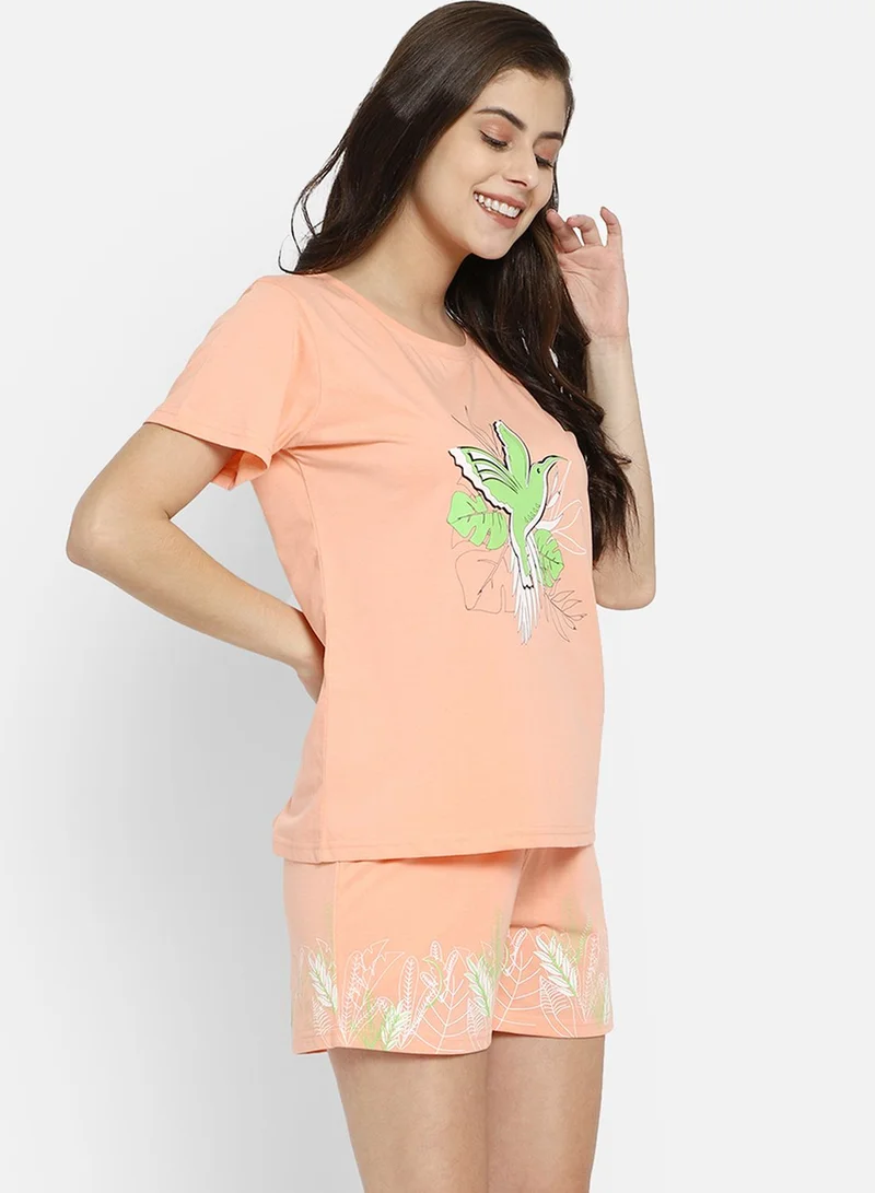 Clovia Birdlife Print Top & Shorts Set - 100% Cotton