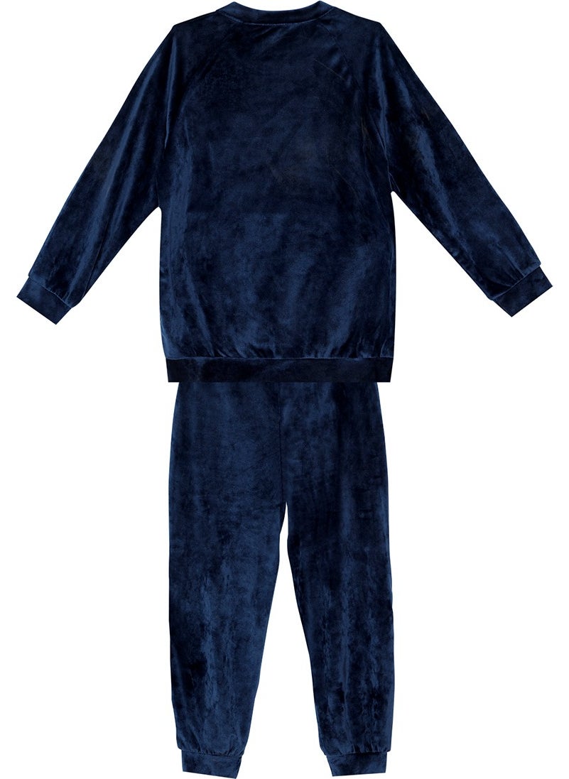 Denokids - Navy Blue Velvet Unicorn Girl Tracksuit - Image 1