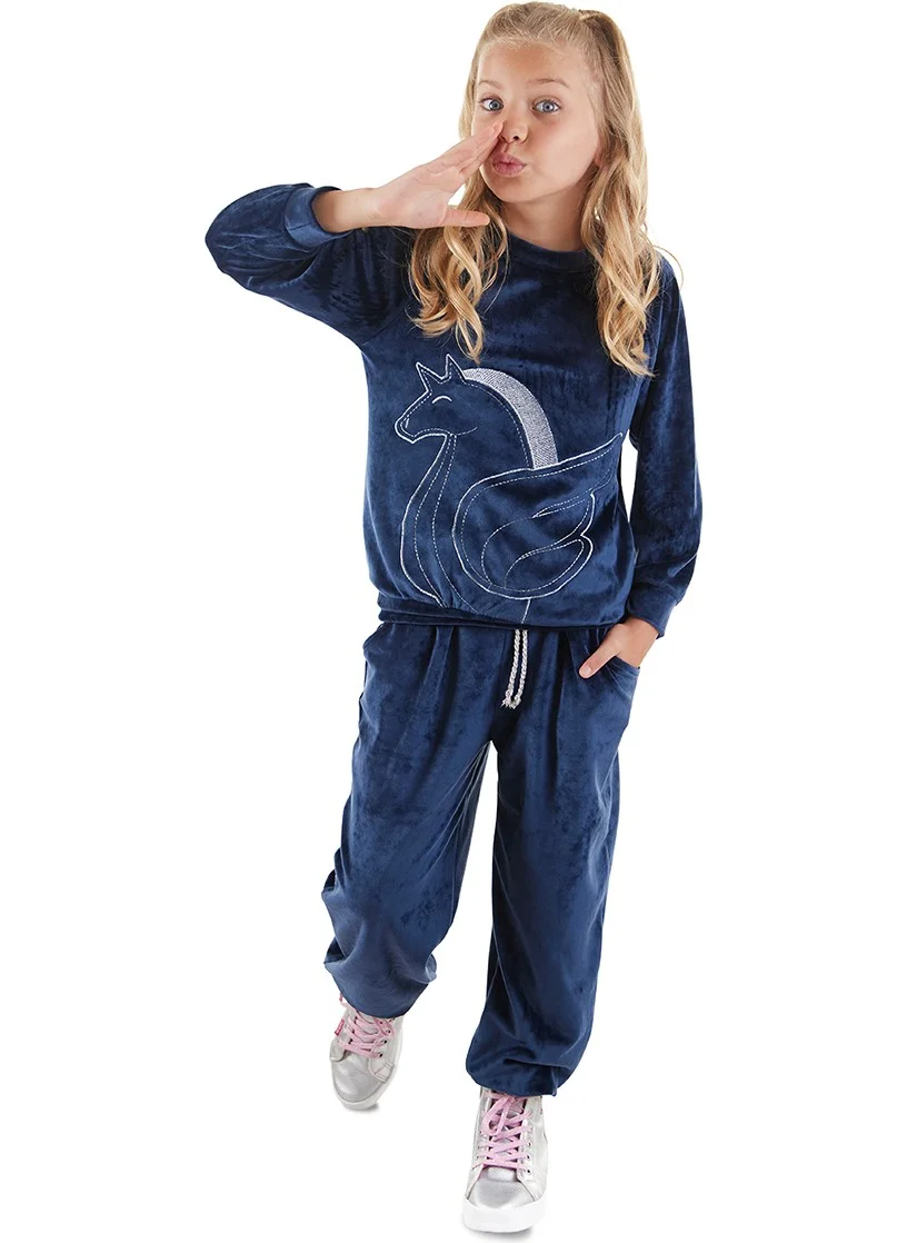 Denokids Navy Blue Velvet Unicorn Girl Tracksuit
