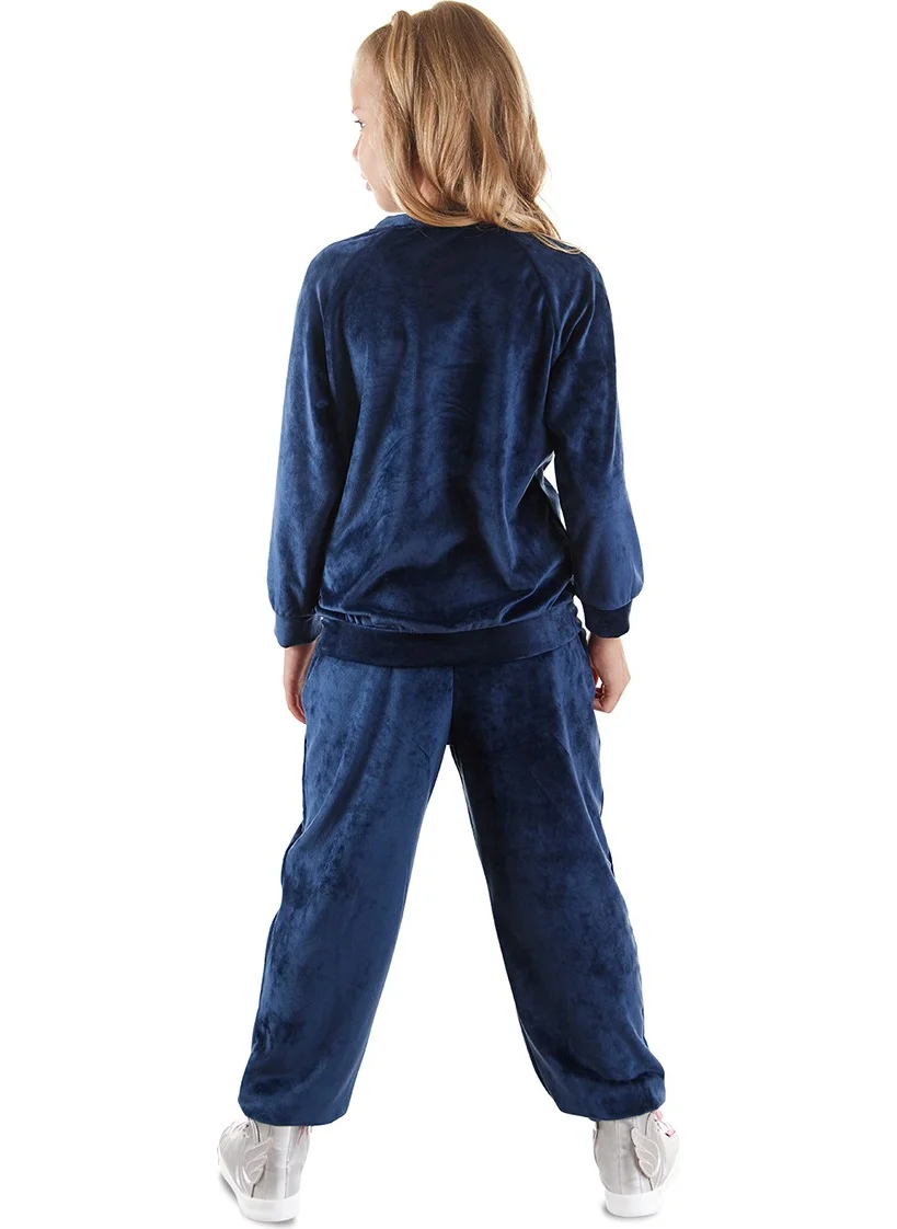 Denokids Navy Blue Velvet Unicorn Girl Tracksuit