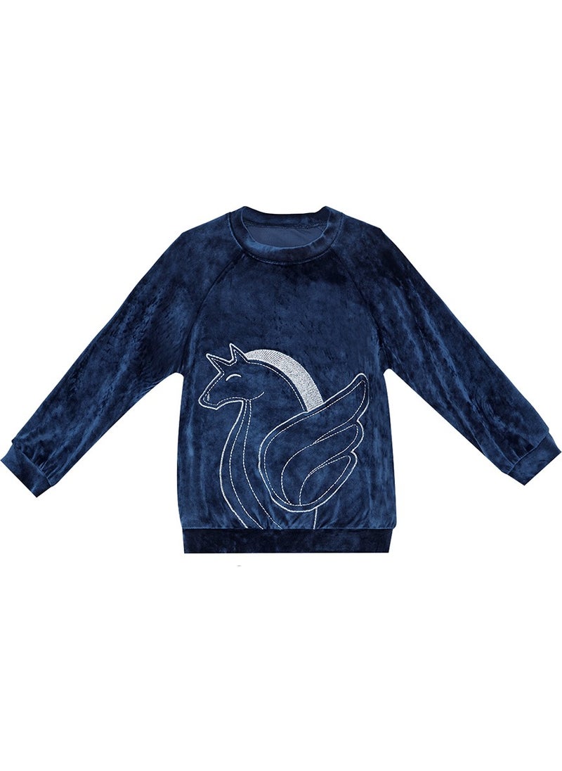 Denokids - Navy Blue Velvet Unicorn Girl Tracksuit - Image 1
