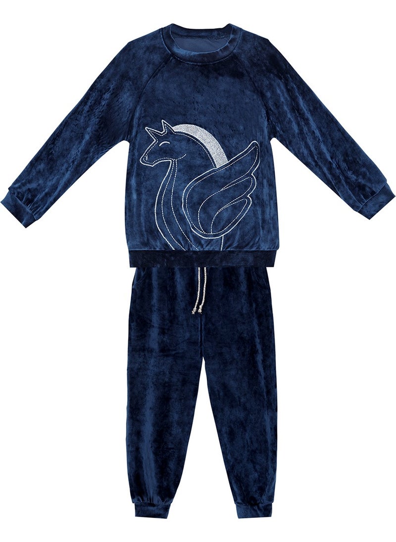 Denokids - Navy Blue Velvet Unicorn Girl Tracksuit - Image 1