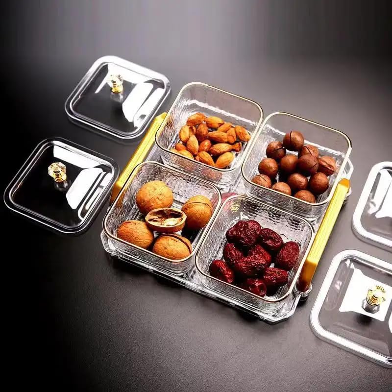 GION Mukhwas Serving Tray Dry Fruit Box Decorative Platter Dry Fruit Snack Tray with Lid, Transparent (1Set) - Image 1