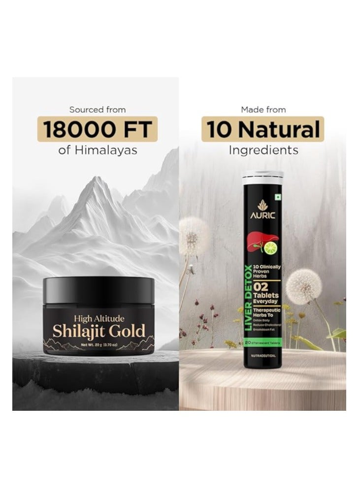Auric Lab Certified High Altitude Shilajit/Shilajeet Gold Resin 20g and Liver Detox Effervescent | 80 Tablets Fizzy Water with 10 Ayurvedic Herb - Image 4