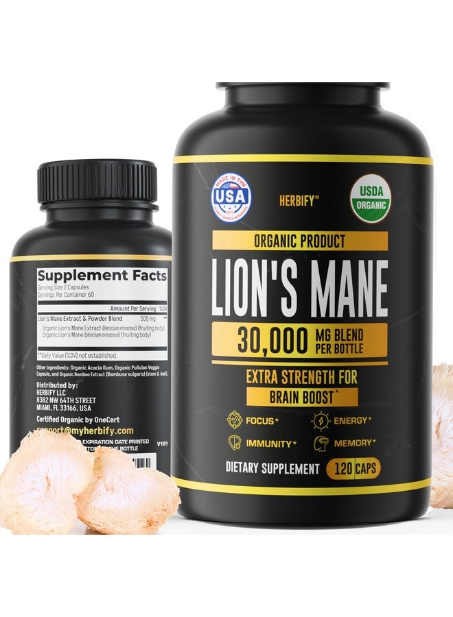 HERBIFY Lions Mane Supplement - Daily Mushroom Supplement for Memory, Focus & Clarity - Brain Booster - Lions Mane Capsules for Natural Immune Support - Vegan, Organic - 120 Capsules - Image 1