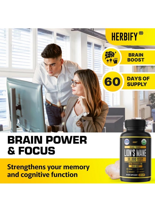 HERBIFY Lions Mane Supplement - Daily Mushroom Supplement for Memory, Focus & Clarity - Brain Booster - Lions Mane Capsules for Natural Immune Support - Vegan, Organic - 120 Capsules - Image 2