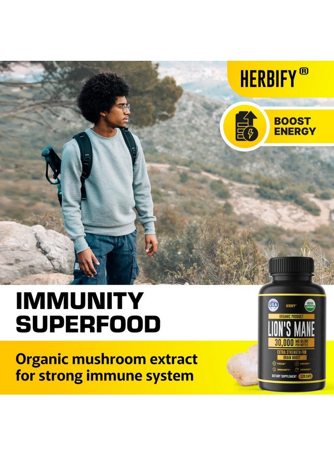 HERBIFY Lions Mane Supplement - Daily Mushroom Supplement for Memory, Focus & Clarity - Brain Booster - Lions Mane Capsules for Natural Immune Support - Vegan, Organic - 120 Capsules - Image 4