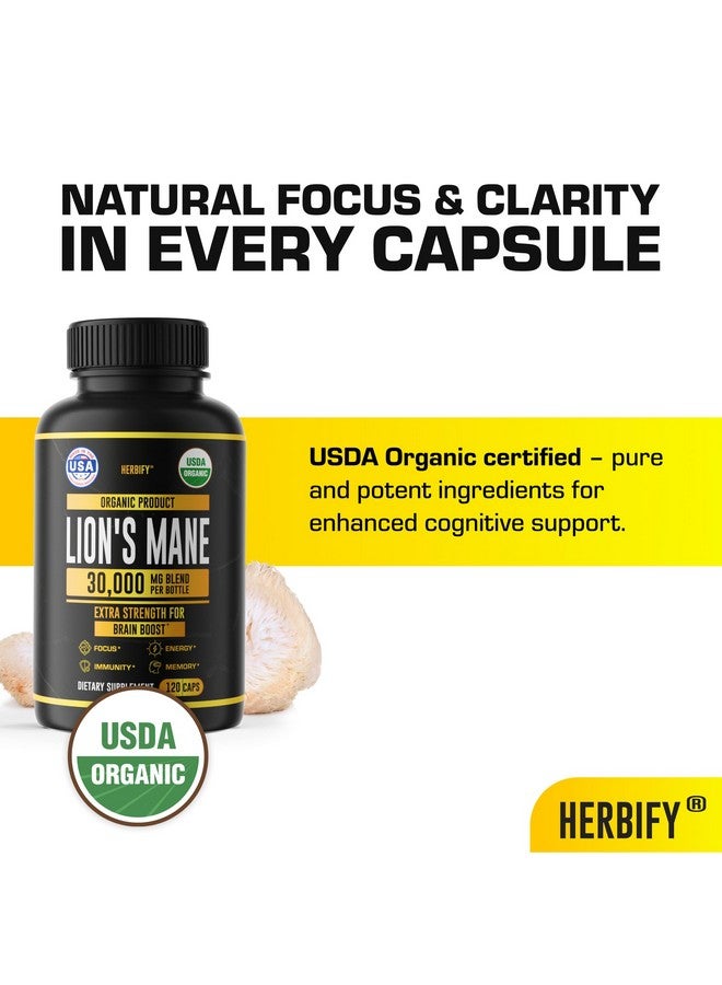 HERBIFY Lions Mane Supplement - Daily Mushroom Supplement for Memory, Focus & Clarity - Brain Booster - Lions Mane Capsules for Natural Immune Support - Vegan, Organic - 120 Capsules - Image 5