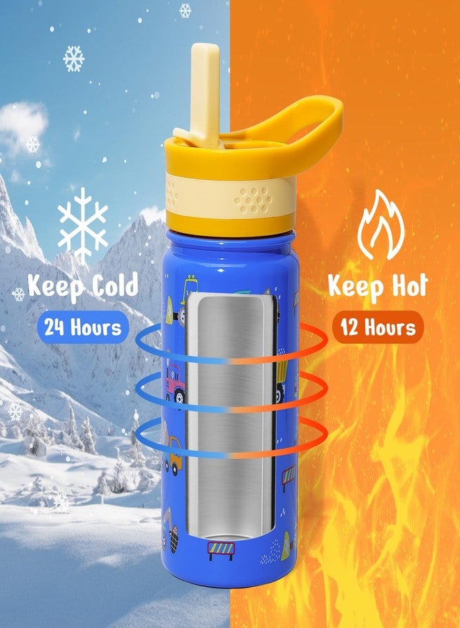 BUZIO 14 oz Kids Water Bottle with Straw Lid, Vacuum Insulated Stainless Steel Metal Thermo Bottles for Toddlers Girls Boys Leak Proof BPA-Free & Lead-Free Flask for School, Blue Construction Car - Image 3