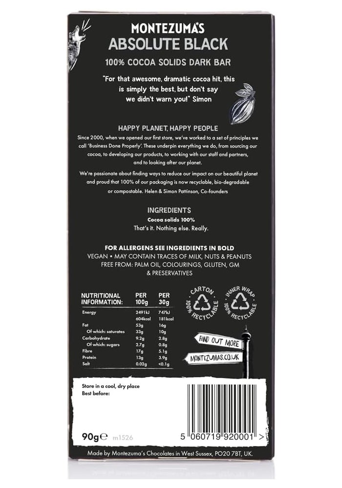 Montezuma's Absolute Black 100% Cocoa Dark Chocolate Bar - 90g - Image 2