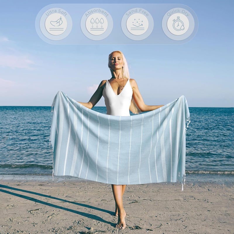 Ossano Turkish Beach Towel Quick Dry & Absorbent Oversized (39" x 71") - Compact, Versatile and Functional as Travel Blanket, Bathroom, Shower, Gym and Pool Towels, Yoga, Bath Mat - Baby Blue - Image 2