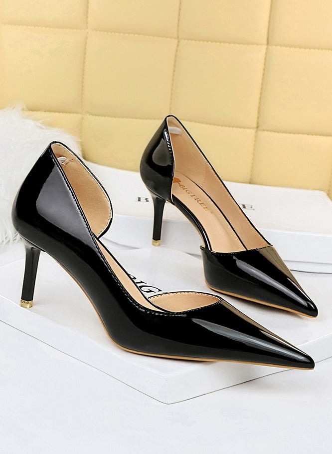 BIGTREE Women's Side Hollow Stiletto Pumps 7.5 cm Elegant Gorgeous Closed Pointed Toe Slip On Solid High Heels Black  - Image 2