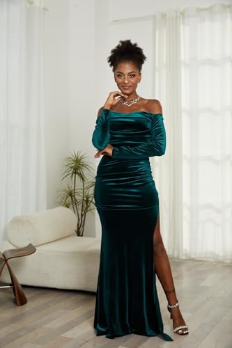 Vakkest Women Off The Shoulder Formal Dresses Long Sleeve Evening Party Velvet Maxi Dress High Split Cocktail Gowns Green - Image 3