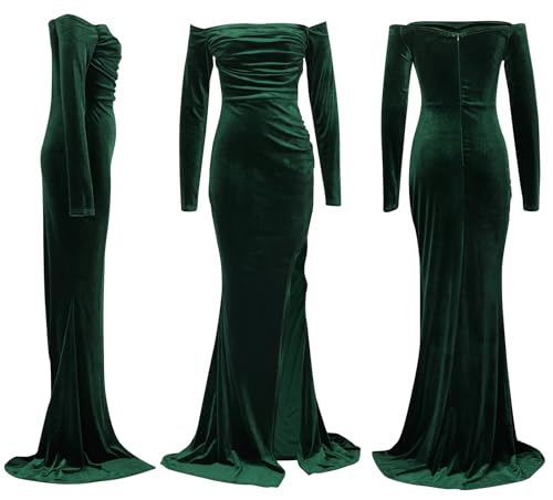 Vakkest Women Off The Shoulder Formal Dresses Long Sleeve Evening Party Velvet Maxi Dress High Split Cocktail Gowns Green - Image 4