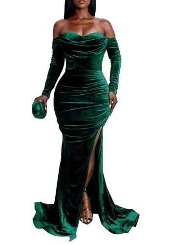 Vakkest Women Off The Shoulder Formal Dresses Long Sleeve Evening Party Velvet Maxi Dress High Split Cocktail Gowns Green - Image 1