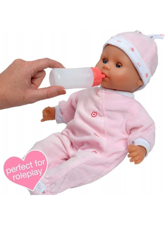 Dolls World 38cm Sleepy Eyes Baby Doll, Deluxe Romper, Hat, Bottle & Doll