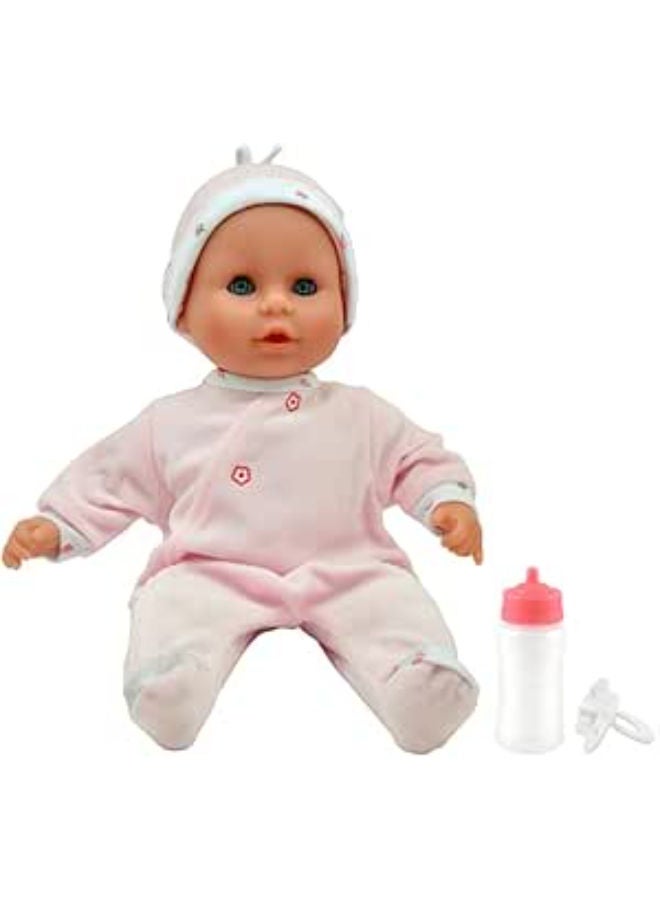 Dolls World 38cm Sleepy Eyes Baby Doll, Deluxe Romper, Hat, Bottle & Doll