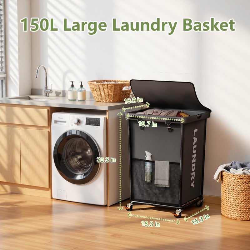 Olldide 150L Laundry Basket with Wheels, Rolling Laundry Hamper with Cloth Cover, Laundry Cart with Metal Frame & Removable Bag, Large Dirty Clothes Hampers for Bedroom Aesthetic, Laundry Room Bathroom, Grey - Image 2