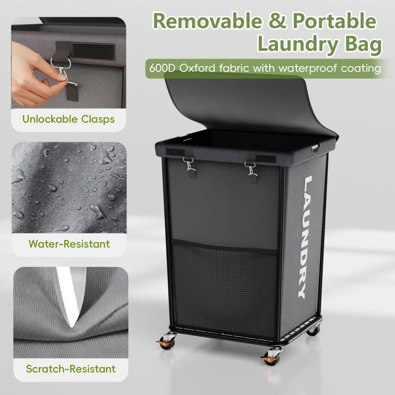 Olldide 150L Laundry Basket with Wheels, Rolling Laundry Hamper with Cloth Cover, Laundry Cart with Metal Frame & Removable Bag, Large Dirty Clothes Hampers for Bedroom Aesthetic, Laundry Room Bathroom, Grey - Image 5