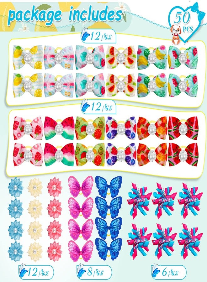 MTLEE 50 Pcs Small Dog Hair Bows with Rubber Bands Mixed Rhinestones and Pearls Styles Bow Dog Accessories Summer Spring Flower Yorkie Puppy Cat Butterfly Topknot Cute Pet Grooming Products - Image 4