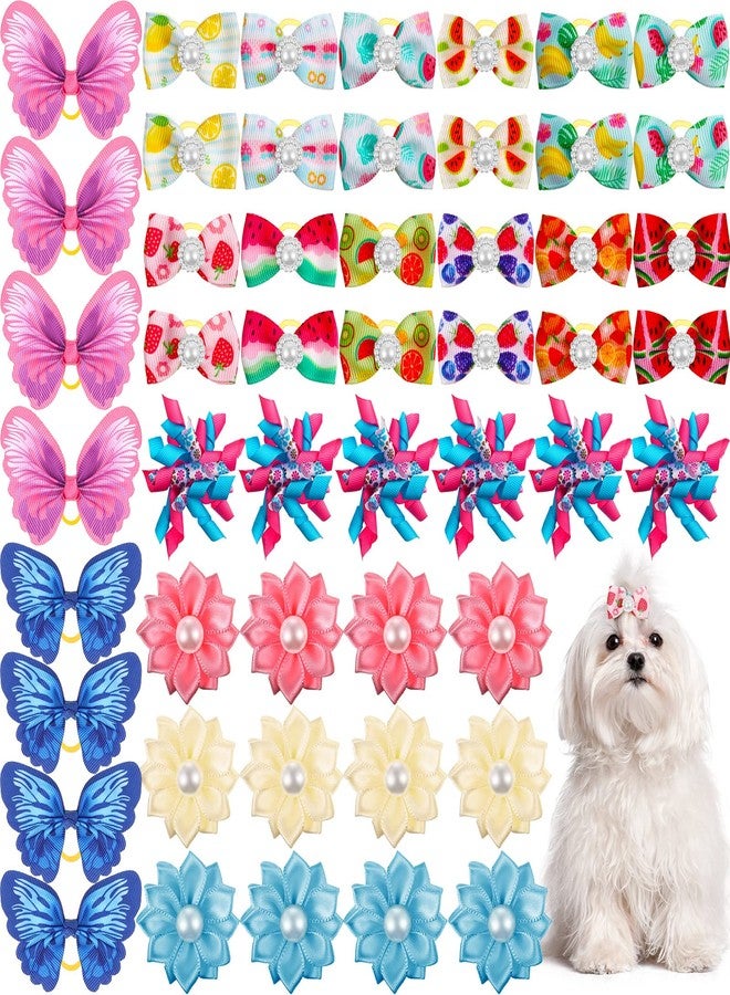 MTLEE 50 Pcs Small Dog Hair Bows with Rubber Bands Mixed Rhinestones and Pearls Styles Bow Dog Accessories Summer Spring Flower Yorkie Puppy Cat Butterfly Topknot Cute Pet Grooming Products - Image 1