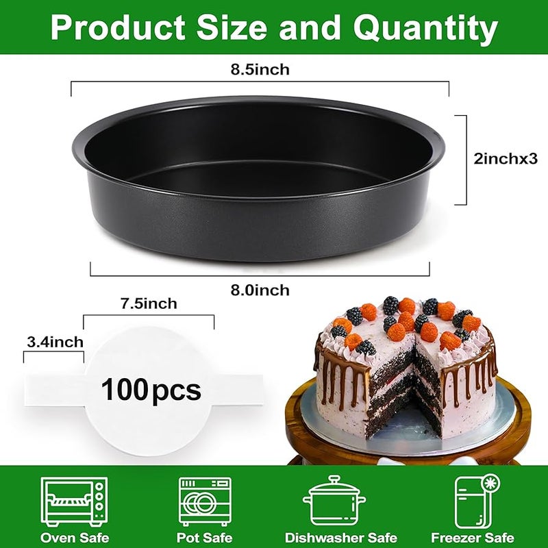 Xtujcya 8 Inch Cake Pan, Premium Round Cake Pans Set of 3, Durable Circle Cake Pan with 100 Pieces Parchment Paper, Non-Toxic  Healthy Deep Cake Baking Pans Tins for Birthday , Dishwasher Safe - Image 2