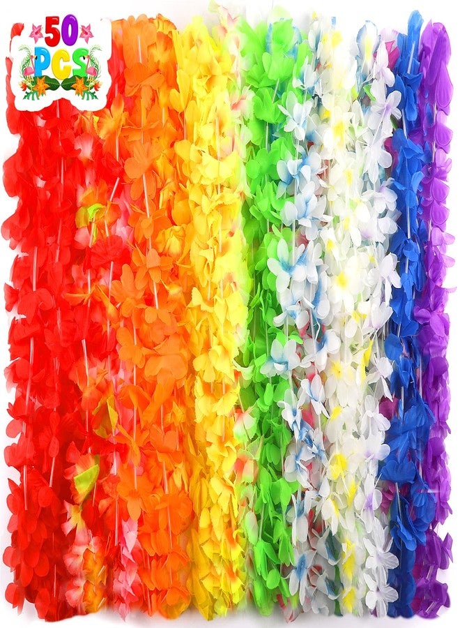 grestar 50 PCS Hawaiian Leis Bulk Colorful Tropical Flower Necklace for Luau Party Decorations, Summer Beach Party Favors, Hawaii Theme Birthday Decor, Pool Party Supplies, Hawaiian Garland, Silk Flower Lei - Image 1