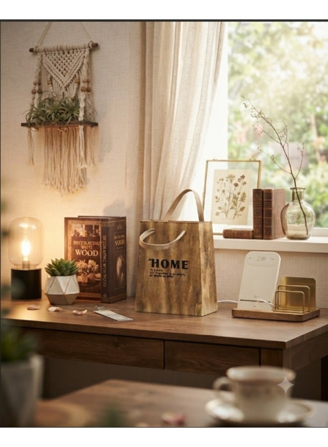 HOME TASTE 𝑯𝑶𝑴𝑬 𝑻𝑨𝑺𝑻𝑬 Wooden Decorative Storage Bag with Rope Handles, Rustic Farmhouse Wooden Organizer Basket, Multipurpose Tabletop Storage Box for Living Room, Bedroom, Entryway, Office, Home Decor & Gift - Image 4