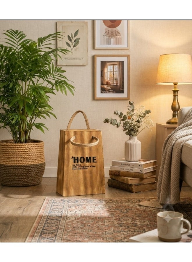HOME TASTE 𝑯𝑶𝑴𝑬 𝑻𝑨𝑺𝑻𝑬 Wooden Decorative Storage Bag with Rope Handles, Rustic Farmhouse Wooden Organizer Basket, Multipurpose Tabletop Storage Box for Living Room, Bedroom, Entryway, Office, Home Decor & Gift - Image 5