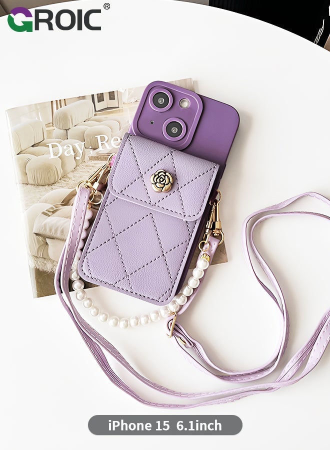 GROIC Compatible for iPhone 15 6.1 Inch Case with Credit Card Holder Crossbody Wallet, Leather Luxury Flip Protective Phone Holder, Removable Fashionable Shoulder & Wristlet Strap - Image 1