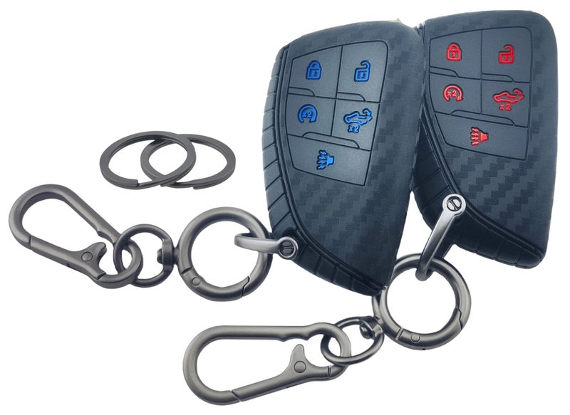 RUNZUIE 2Pcs Silicone Smart Remote Key Fob for 2022 2023 2024 2025 Chevy Chevrolet Silverado 1500 GMC Sierra 1500 2500HD 3500HD Key Fob Cover 5 Buttons (Black with Red/Blue)