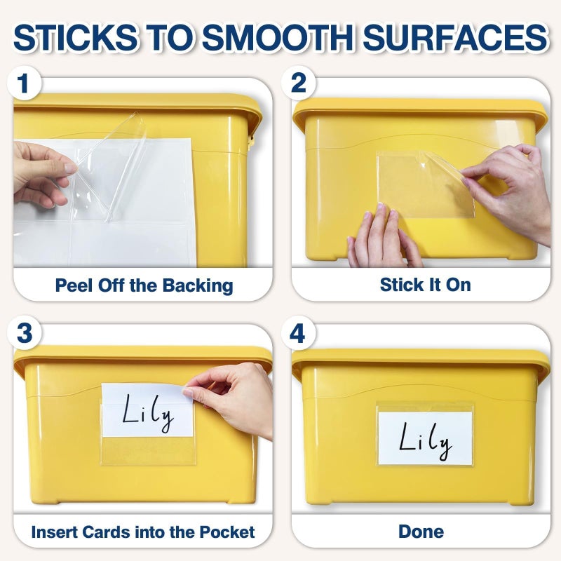 H4D 24 Pack Labels for Storage Bins, 3" x 5" Plastic Clear Adhesive Index Card Holders, Tote Label Pockets for Organizing Storage, Library Card, Shelves - Image 4