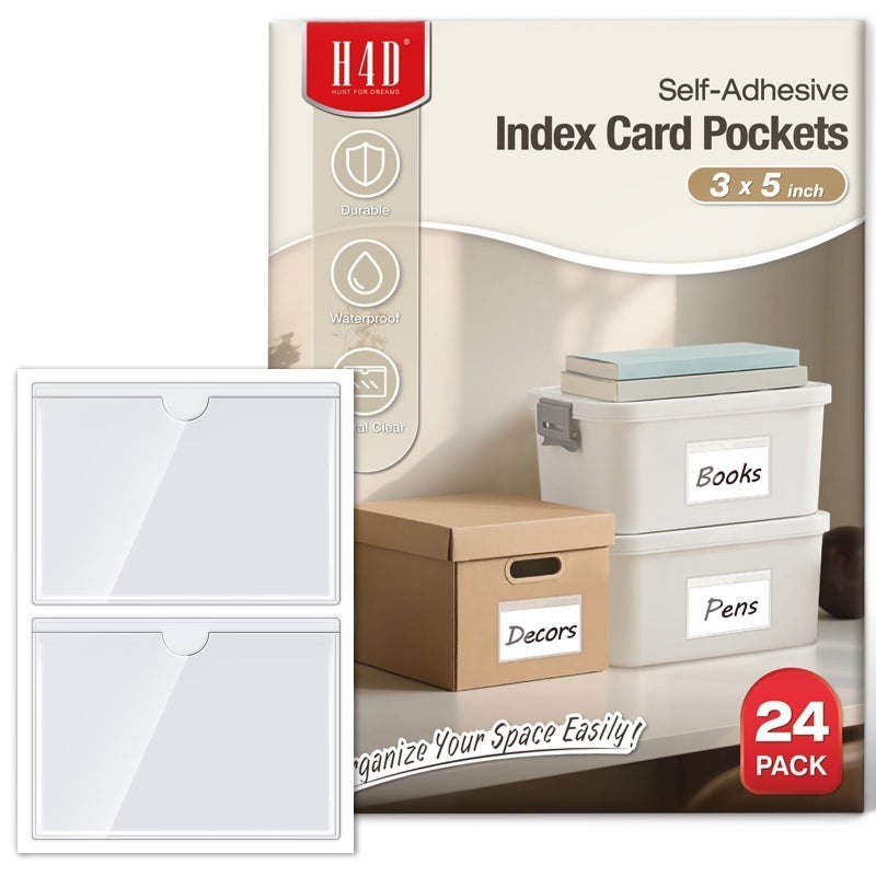 H4D 24 Pack Labels for Storage Bins, 3" x 5" Plastic Clear Adhesive Index Card Holders, Tote Label Pockets for Organizing Storage, Library Card, Shelves - Image 1