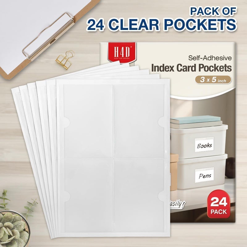 H4D 24 Pack Labels for Storage Bins, 3" x 5" Plastic Clear Adhesive Index Card Holders, Tote Label Pockets for Organizing Storage, Library Card, Shelves - Image 2