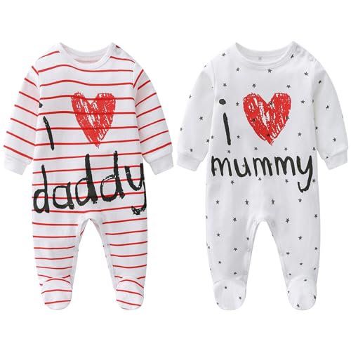AOMOMO Unisex-Baby Clothes Twins Bodysuits I Love Daddy Mummy Romper Set, Newborn Cotton Footed Pajamas (0-3 Months) - Image 1
