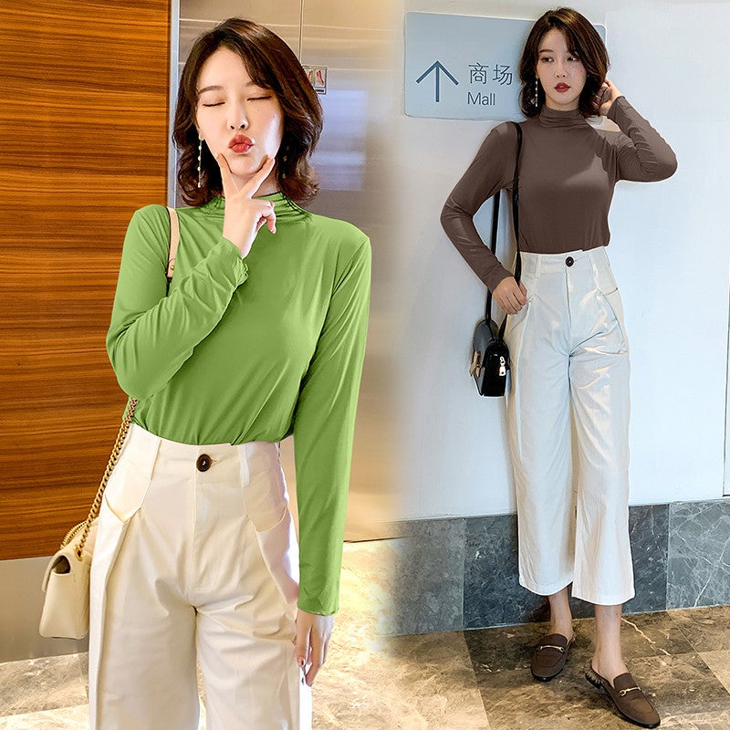 2025 Spring and Autumn New Modal Half Turtle Collar Thin Fungus Long Sleeve T-Shirt Women's Slim Mask Bottoming Shirt - Image 3