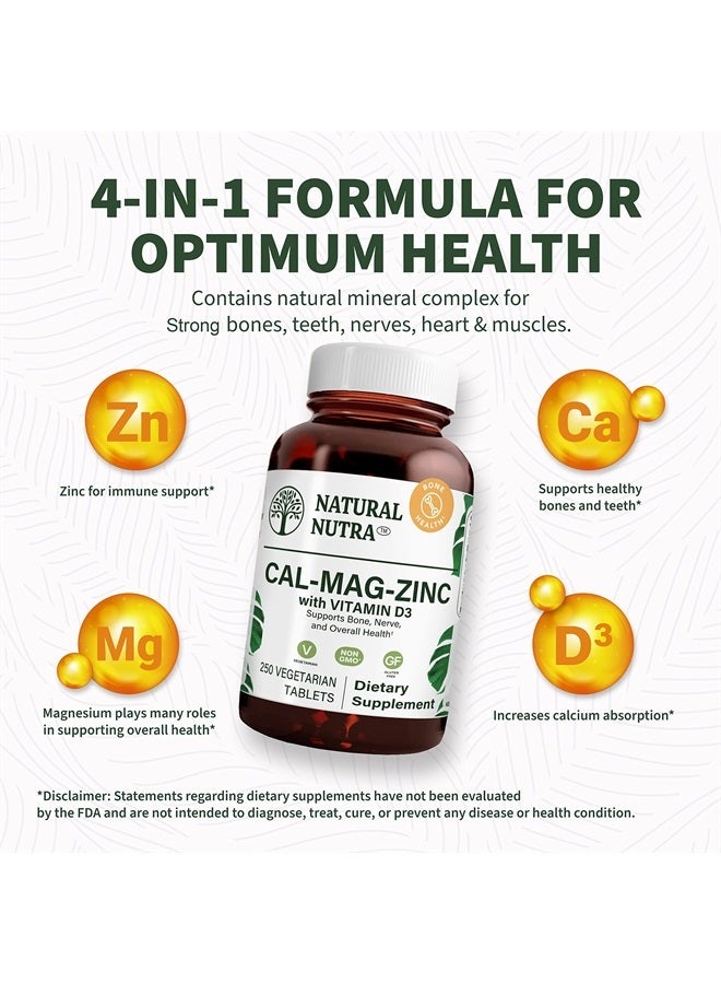 Natural Nutra Calcium Magnesium Zinc Supplement with Vitamin D3 for Bone Strength, Health and Healing, Gluten Free and Sugar Free, Essential Mineral Complex 250 Count (Pack of 2) - Image 3