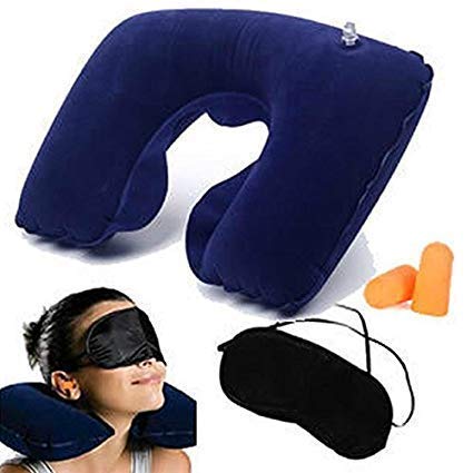 MSS Store 3 in 1 Travel Set Inflatable Air Neck Pillow Eye Mask and Ear Plugs Airline Travel Kit Multi Color Pack of 1 T Set 1 - Image 1
