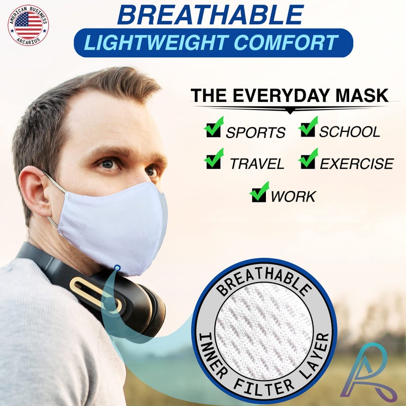 Arcarius Breathable Sports Face Mask â€“ Lightweight Moisture Wicking Gym & Travel Essential â€“ Adjustable Reusable Adaptive Fit (White, 3-Pack) - Image 3