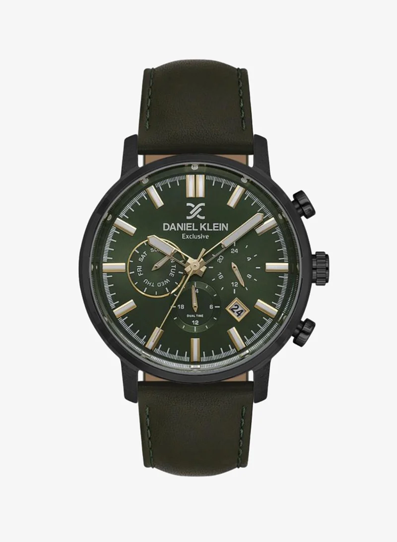 DANIEL KLEIN Men's Leather Black Alloy Case Analog Dark Green Round Sunray Dial Japanese Quartz Exclusive 50 Meters Water Resistant