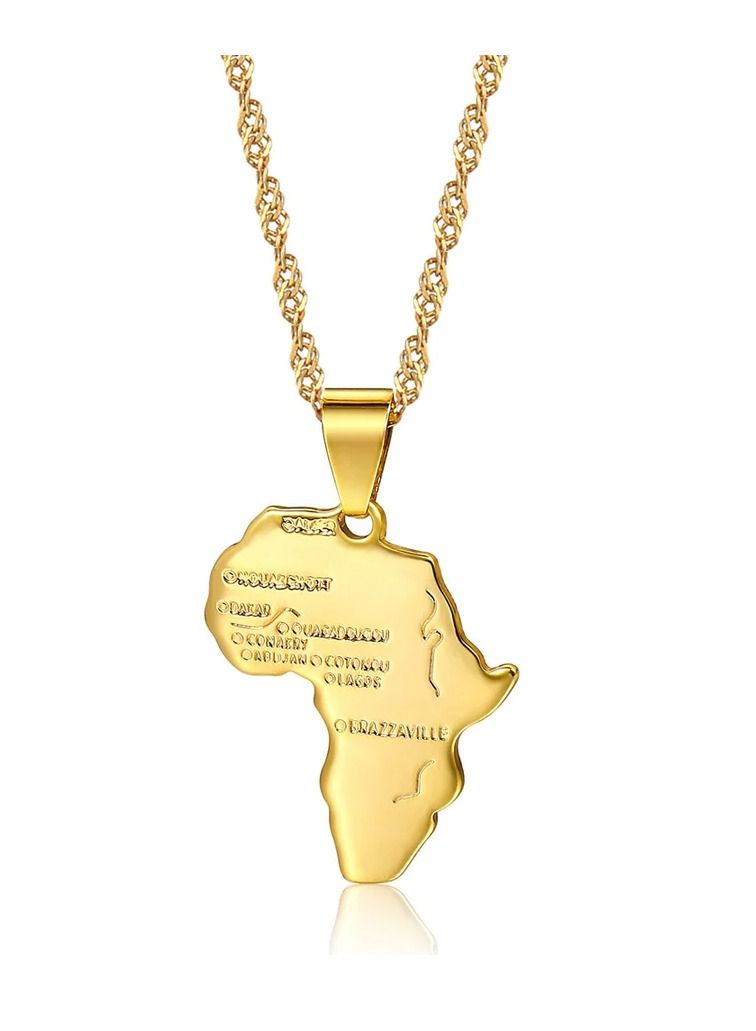 Africa Map Pendant and Letter Carved Design Map of Africa Shaped 18k Gold Plated Necklace, African gift for her, UNISEX African Pendant Gift - Image 1