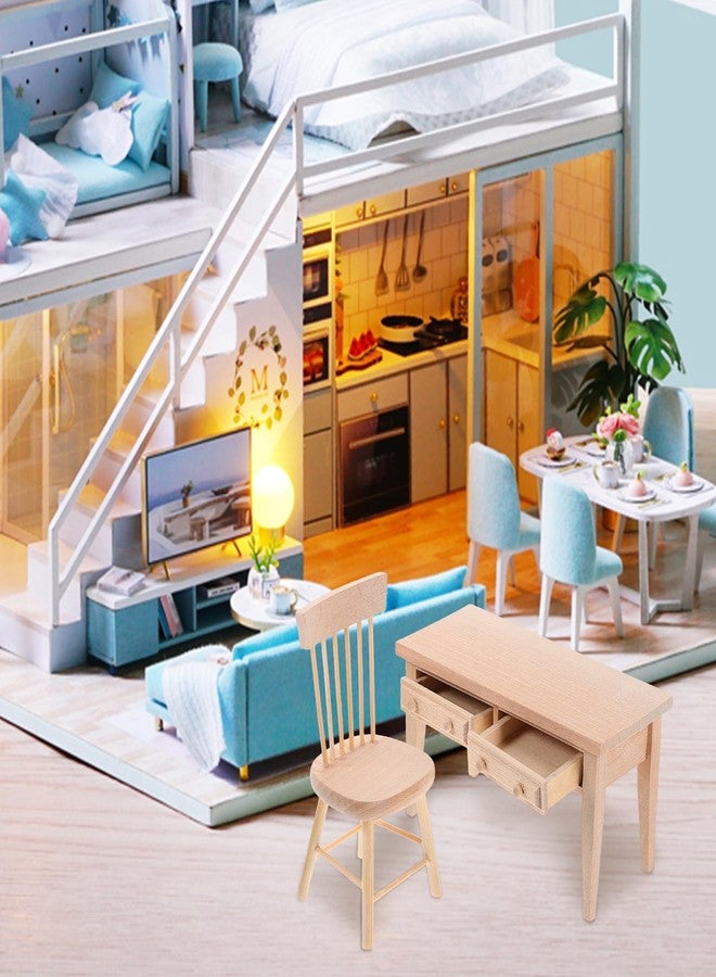 JOINPAYA Wooden Mini Dollhouse Furniture: 1:12 Dolls Table & Chair Furniture Set Desk Chair with Drawer for Photo Props Mini House Living Room Accessories - Image 3