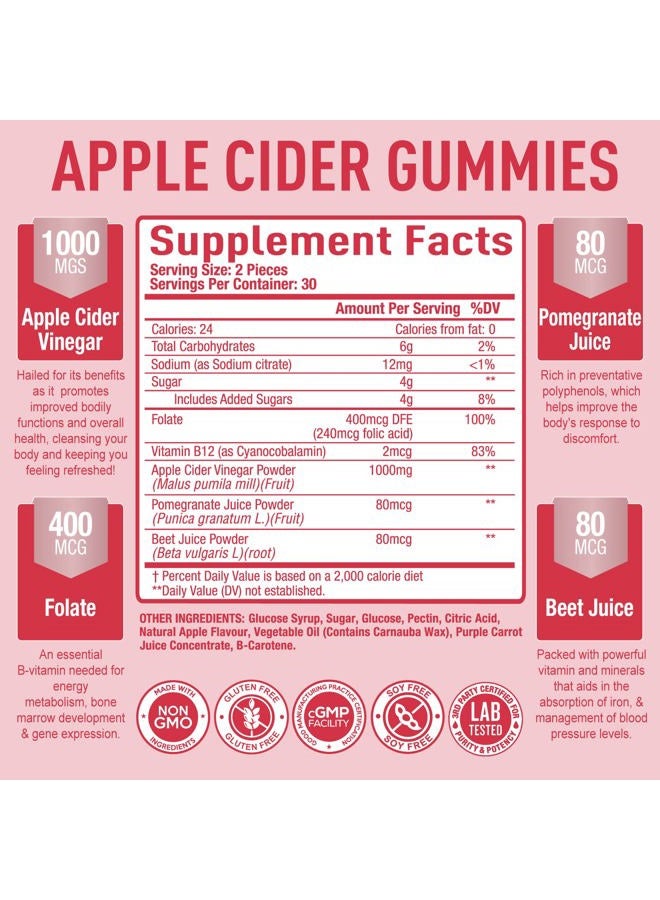 Purely Optimal Premium Apple Cider Vinegar Gummies - Supplement for Detox, Cleanse, Weight Loss & Immune Support - ACV Gummy Vitamins with Vitamin B12, Folate, Beet Juice, Pomegranate Juice - 60 Gluten-Free Gummies - Image 2