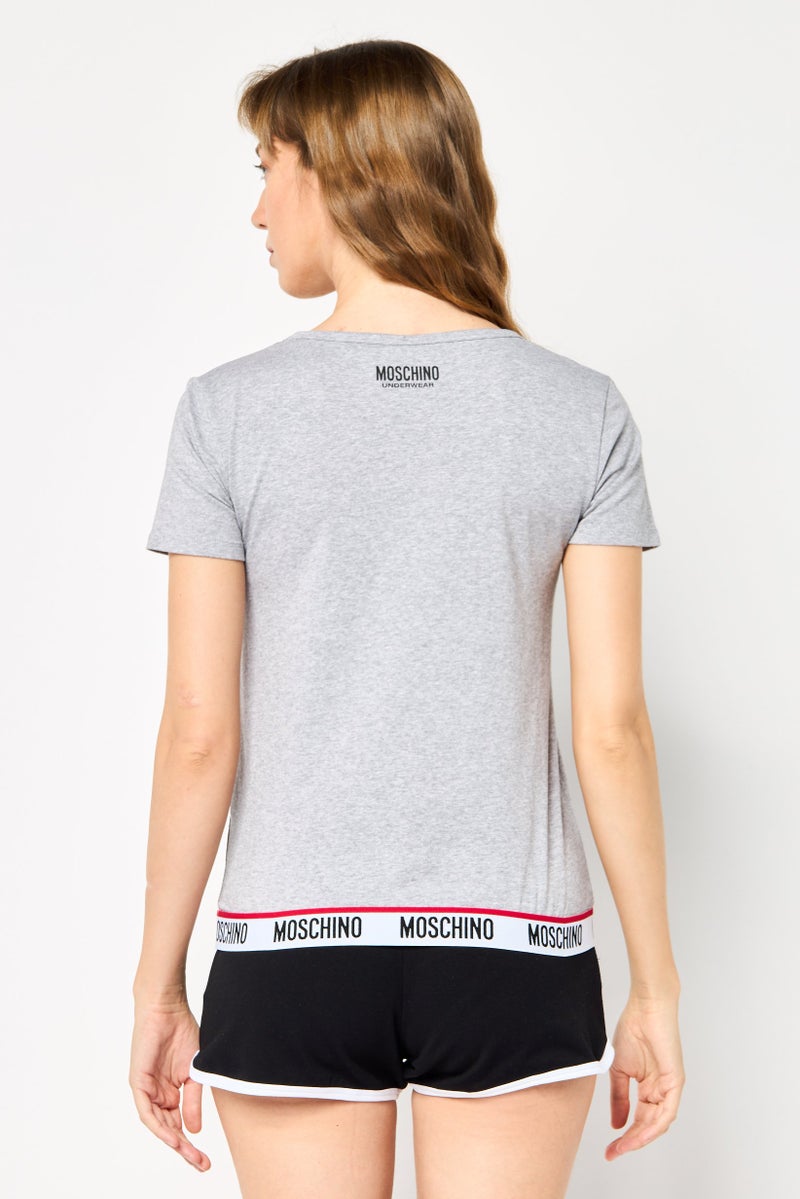 MOSCHINO Women Round Neck Brand Logo Short Sleeves Sleepwear T-shirt, Grey - Image 4